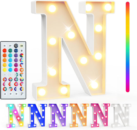 Pooqla Colorful Light Up Letters with Remote, Upgraded 35 Colors LED Marquee Letters, RGB Lighted Letter for Girls Teenager Gift, Birthday, Party, Wedding, Night Light, Room, Bedroom Decor, Letter N