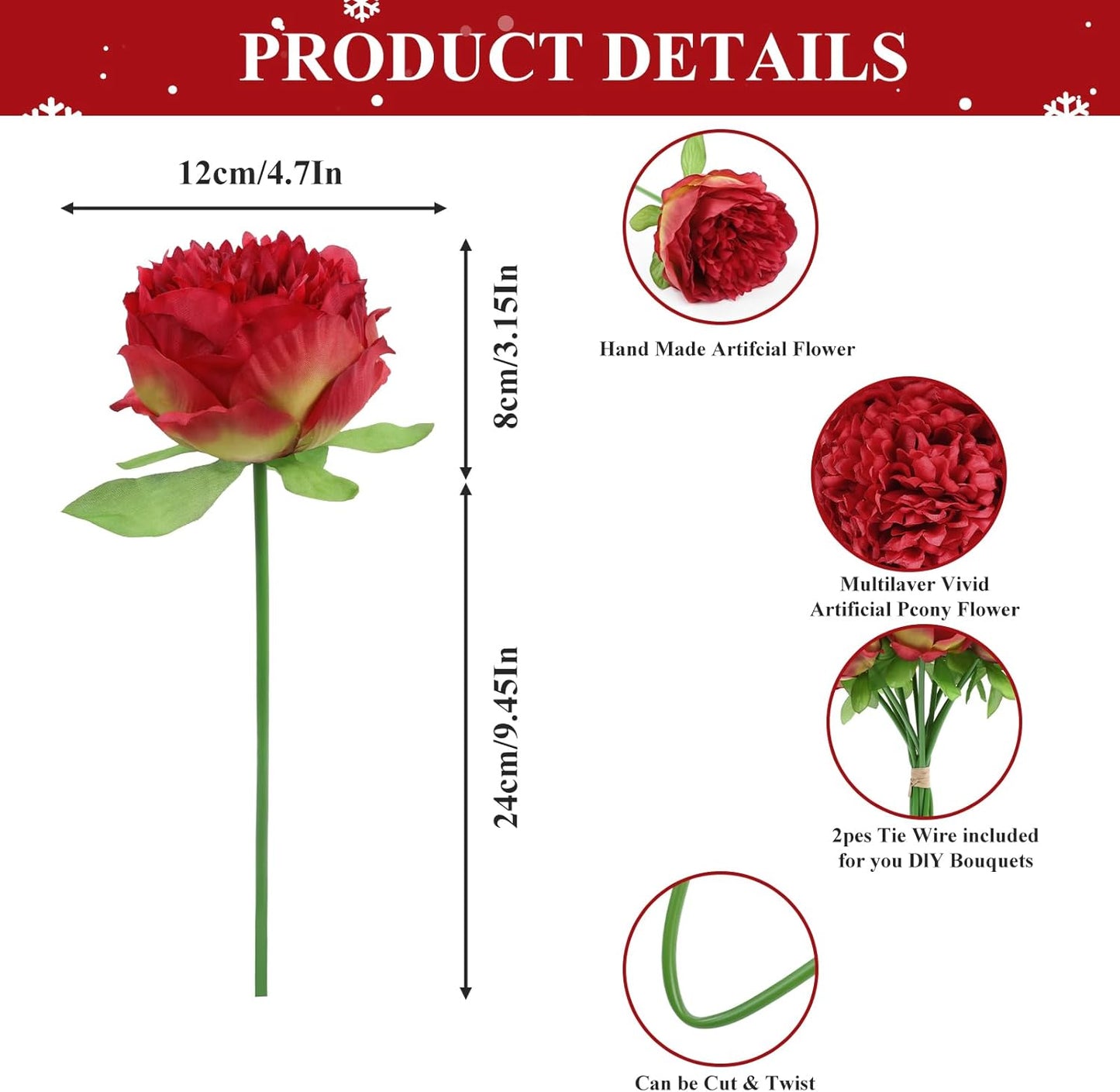 U'Artlines 10 Heads Artificial Peony Silk Flower Leaf Home Office Wedding Party Festival Bar Decor (Red)