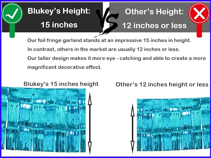 Thick 10 Feet by 15 Inch Turquoise Foil Fringe Garland - Pack of 3 | Shiny Metallic Tinsel Banner for Parade Floats, Bridal Shower, Wedding, Birthday, Christmas | Wall Hanging Drapes (3)