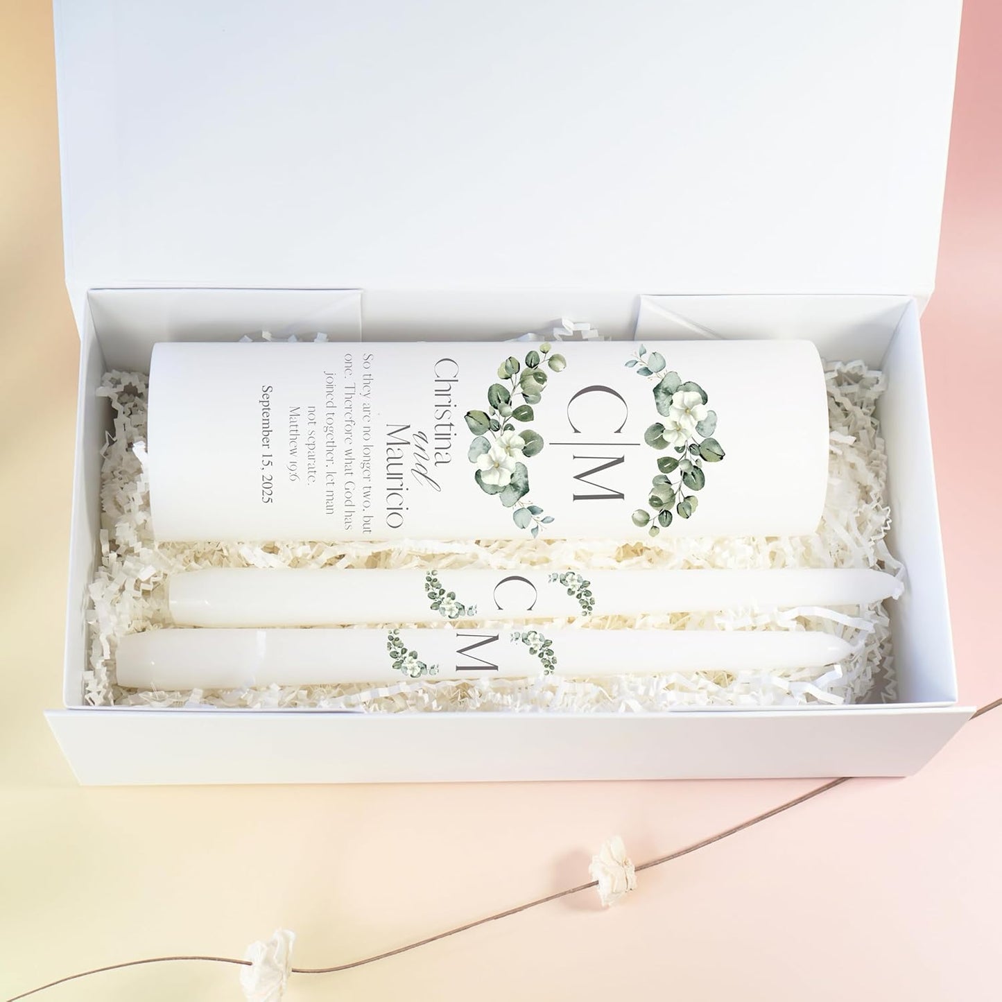 Unity Candles for Wedding, Modern Unity Set, Custom and Personalized Pillar and Taper Candles with Bible Quote, Unscented White Premium Wax, Religious and Wedding Ceremony, Special Events (Greenie)