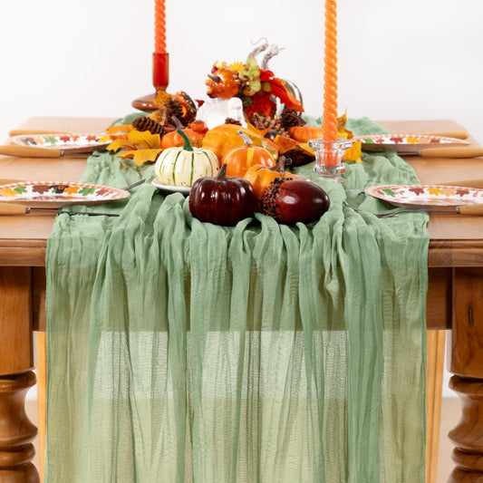 Sage Green Cheesecloth Table Runner Fall Table Runner Boho Gauze 120 Inches Sage Cheese Cloth Fall Table Decorations for Thanksgiving Wedding Bridal Baby Shower Tea Party