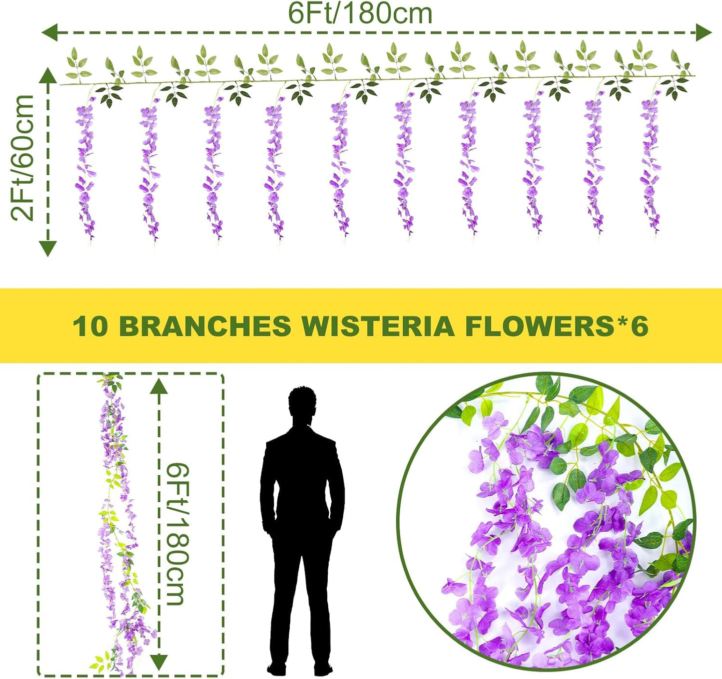 Wisteria Artificial Flowers Garland，10Pcs Total 60ft Silk Fake White Wisteria Flowers Hanging for Home Garden Wedding Arch Party Indoor Outdoor Decor(10,Purple)