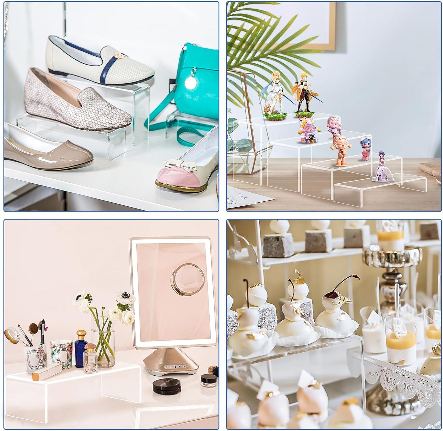 Aheroi Display Risers, 16 Pcs 4 Set(7”L~8”L~9”L) Acrylic Riser Display Shelf, Clear Risers Display Stands, Rectangular Acrylic Risers for Decor Display, Cupcake Candy Shoe Showcase Stands