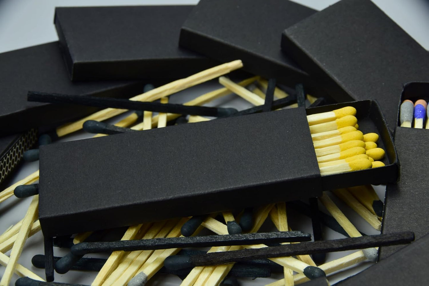 Chandler Studio 10 Boxes - Wooden Matchsticks in a Blank Matchbox with White/Black Matchboxes Colorful Tips (3" Matchboxes, 10 Boxes)