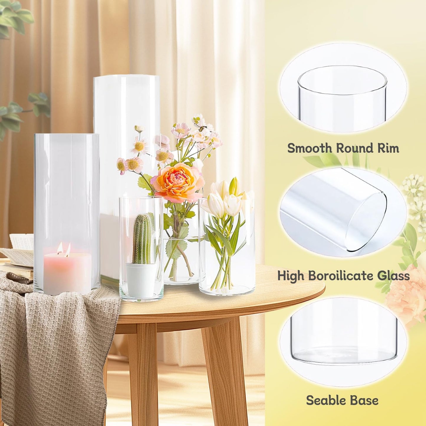 60pcs Glass Vase Cylinder Vases for Centerpieces Small Flower Glass Vases Home Decor Centerpiece Table Clear Flower Vase Decorations for Wedding＆Holiday 6，6，7.8，9.8，11.8 Inch Tall