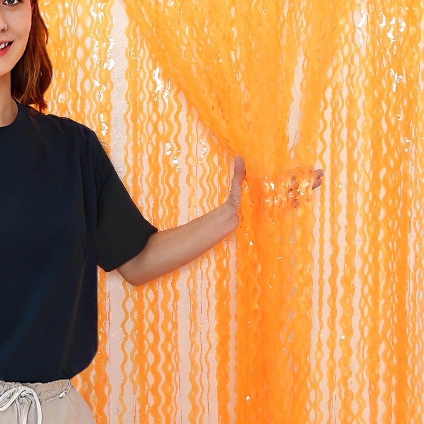 4 Pack Wavy Orange Foil Fringe Curtain Party Decorations - Orange Foil Backdrop Birthday Wedding Halloween Thanksgiving Friendsgiving Fall Party Decorations Supplies