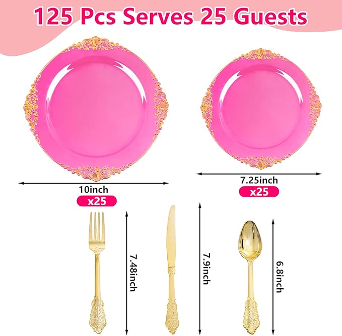 125PCS Hot Pink Plastic Plates - Clear Pink Gold Disposable Plates - Hot Pink Party Plate with Gold Plastic Silverware Set for 25 Guests for Wedding Party Birthday Valentine's Day