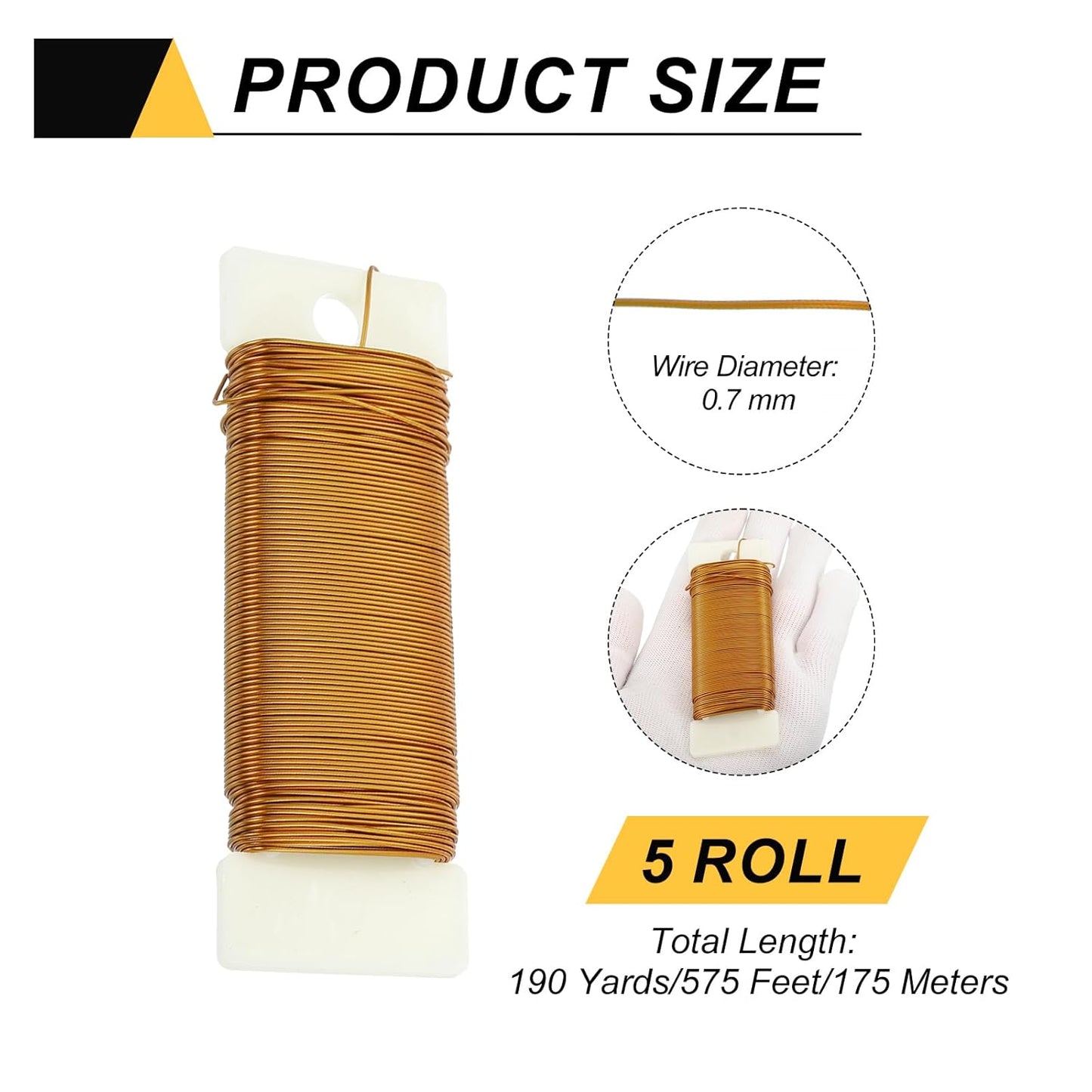 MECCANIXITY 190 Yards/575 Feet Metal Floral Wire 21 Gauge Gold Tone Flexible Paddle Thin Floral Wires for Craft, Christmas Wreath, Flower Arrangement, Wedding, Total 5 Roll