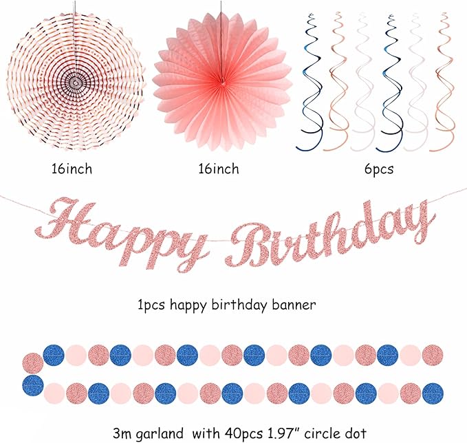 Pink Rose-Gold Navy-Blue Birthday Party-decorations - 21pcs Women Girl Happy Banner Garland, Paper Streamers Lanterns,Flower Tissue Pom Poms Fan Supplies, Princess Wall Backdrop Decor Huglony