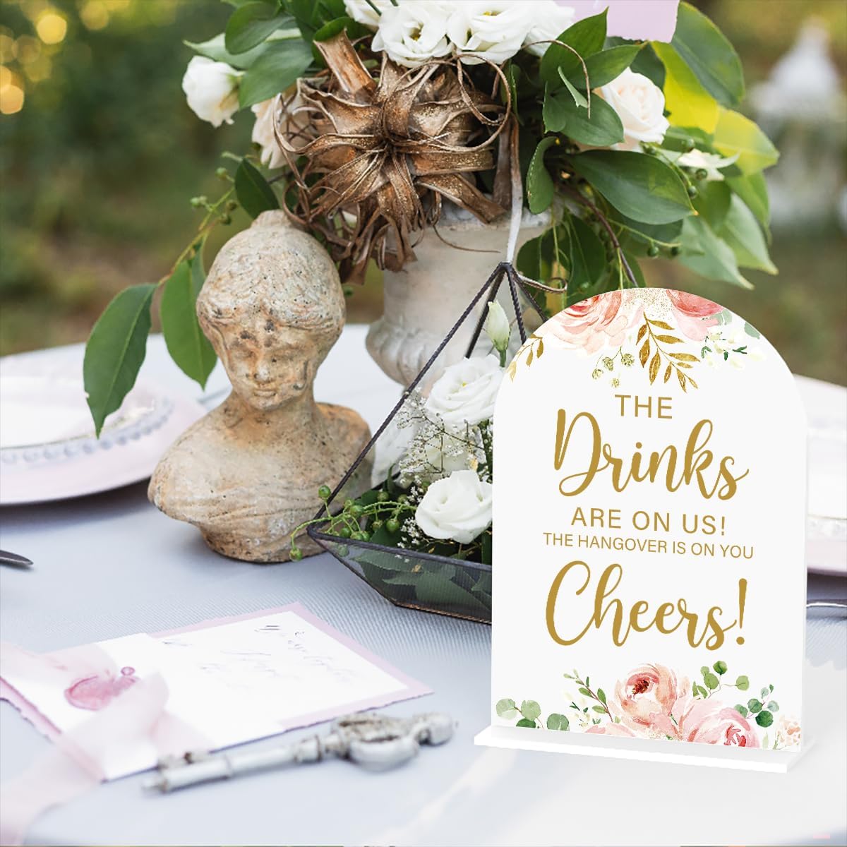 Acrylic Wedding Signs, Bridal Shower Decorations, The Drinks Signs for Reception, Modern Calligraphy Arch Acrylic Table Top Sign for Wedding Reception and Engagement Parties (Pink Flowers)