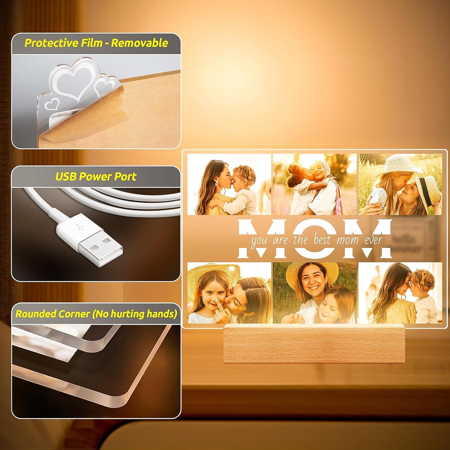 Personalized Gifts for Mom from Daughter Son, Custom Picture Frames with Photos, Customized Photo Frame with Night Light, Personalized Birthday Gifts for Mom Baby Kids Family