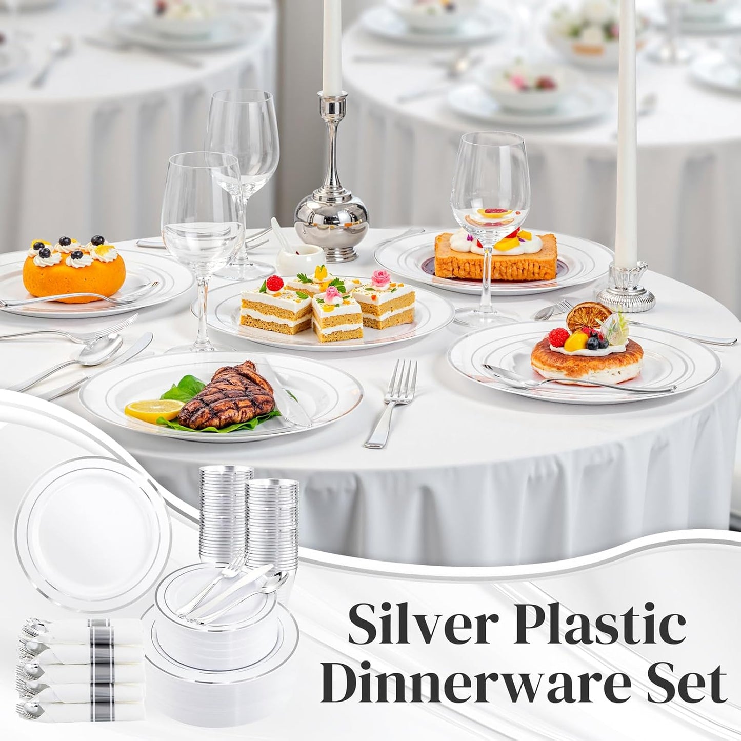 350Piece Silver Plastic Dinnerware Set for 50 Guests - Silver Plastic Plates with Cutlery Include:50Dinner Plates-50Dessert Plates-50Pre Rolled Napkins with Silverware for Christmas