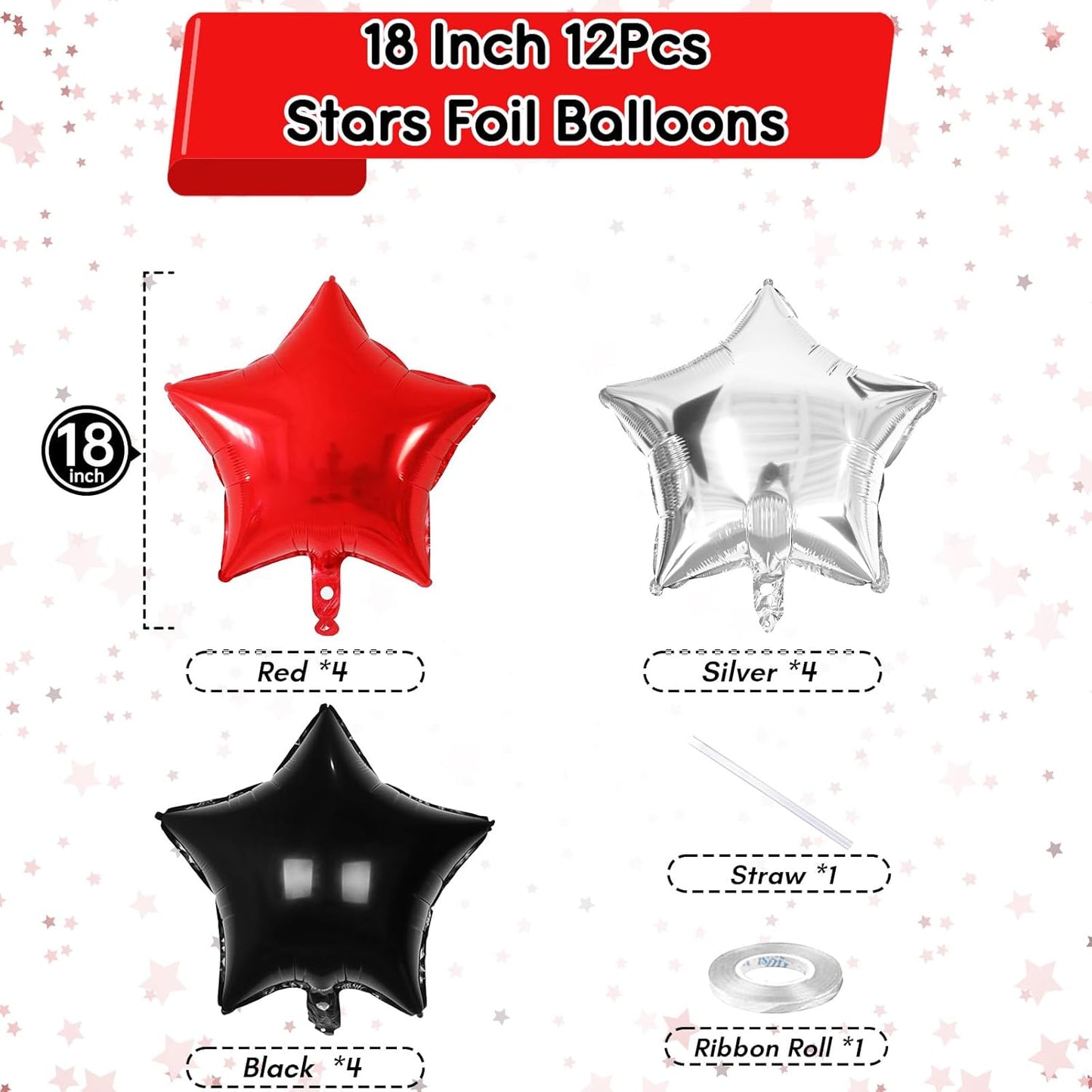 Black Red Star Balloons, 18 Inch 12Pcs Black Red and Metallic Silver Star Shape Foil Balloon, Large Helium Pentagram Balloons for Kids Birthday Casino Racing Car Poker Theme Halloween Party Decor