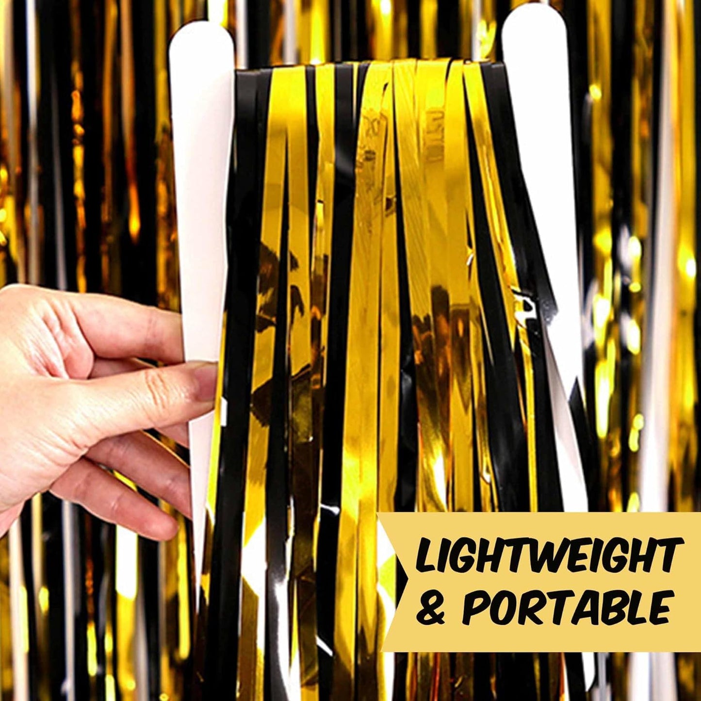 6 Pack Black and Gold Foil Fringe Curtains Backdrop, 3.28 x 8.2 Ft Metallic Streamers Tinsel Curtains Background for Photo Booth, Birthday, Weddings, Carnivals, Graduation, Themed Party Decorations