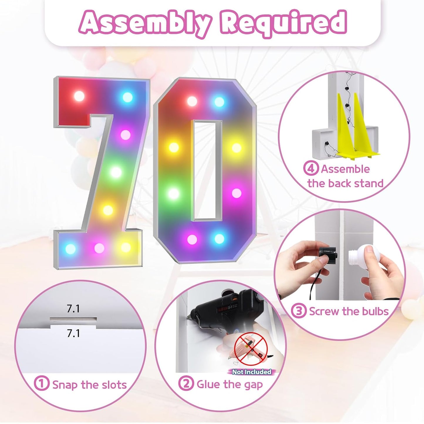 Marquee Numbers 70th-Birthday Decoration: Colorful 3FT Large Light Up 70 Year Old Birthday Decorations Anniversary Backdrop for Boys Girls Cardboard Sign 18 Colors Number 70 Mosaic Balloon Frame