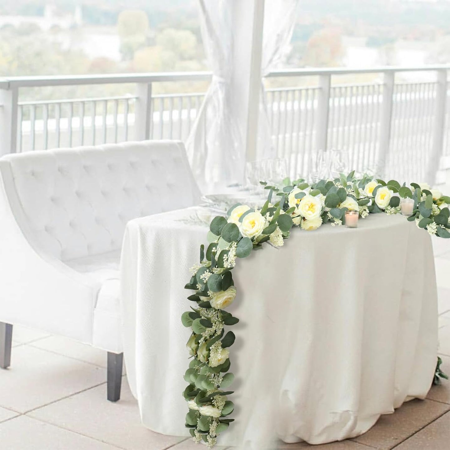 MAKHOT 2PCS Eucalyptus Garland, 6.6Ft Artificial Greenery Garlands Flower Decor, Green Spring Garland Wreath Vines Decorations for Table Home Wedding Mantle Party (Champagne)