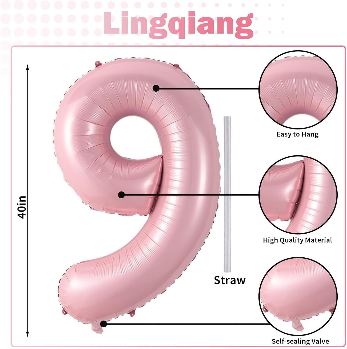 40'' Pink Number 9 Balloon, Self Inflating Foil Light Pink Number Balloons Set 0-9, Pastel Pink Digital 9 Helium Balloon for Girls 9th Birthday Party Decorations Anniversary Supplies