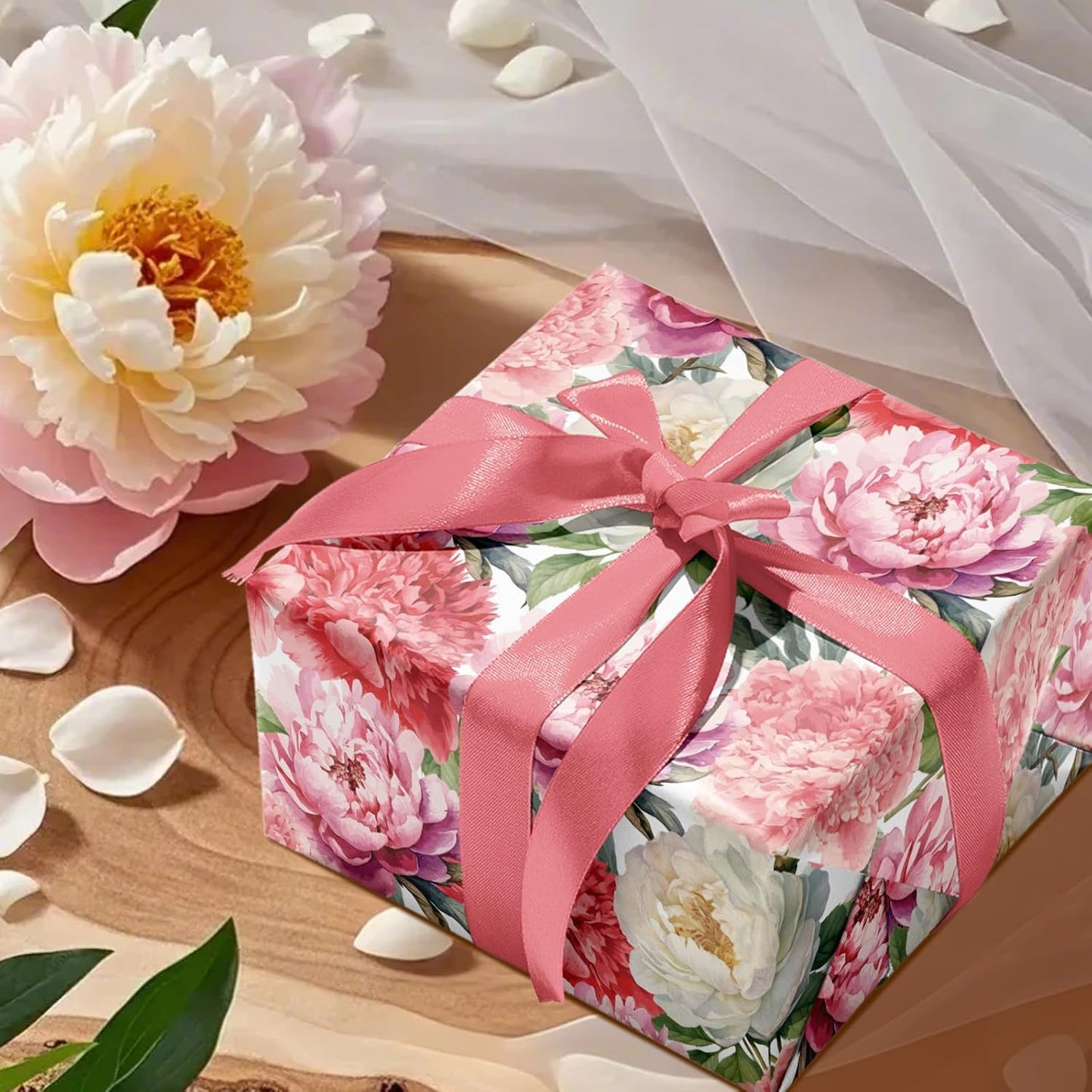 WRAPAHOLIC Floral Wrapping Paper Roll - Mini Roll - 17 Inch x 9.8 Feet - Red Pink Flower Wrapping Paper Perfect for Girls Women Birthday, Wedding, Bridal Shower