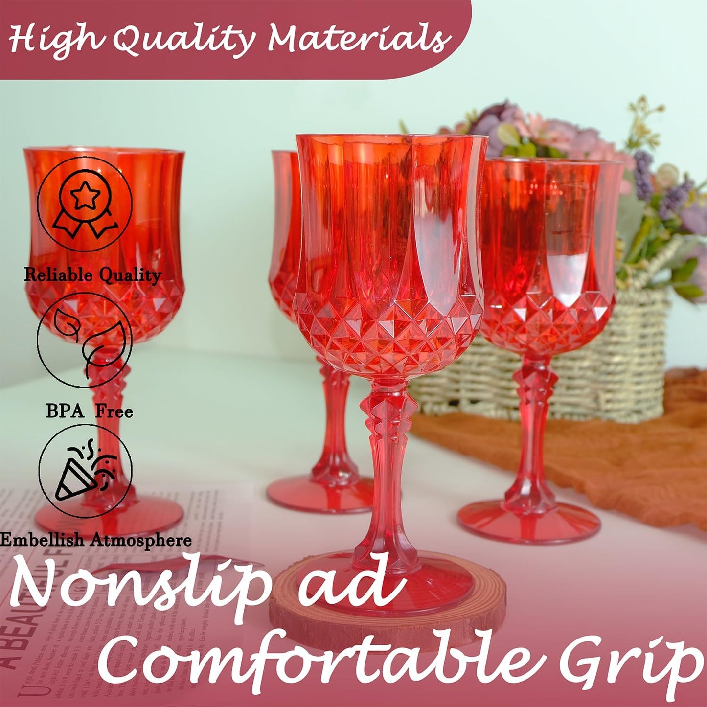 Plastic Wine Glasses，Plastic Goblets Vintage Style Cordial Drinking Glasses for Wedding Reception, Christmas Grand Event Party Supplies (12, Red)