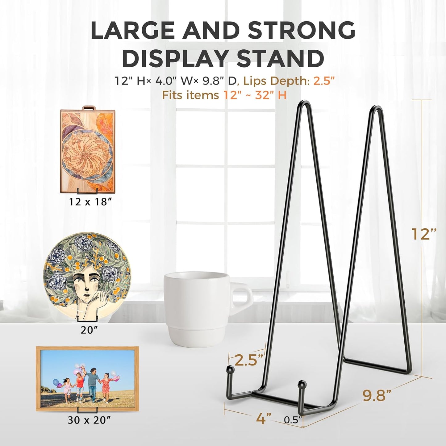TR-LIFE 12 Inch Plate Stands for Large Heavy Duty Display - Metal Picture Frame Holder Stand + Table Top Easels for Decorative Platter, Book, Plaque, Photo (2 Pack)