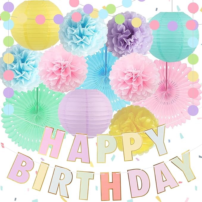 Pastel Birthday Decorations for Women or Girls - Pastel Happy Birthday Banner, Hanging Colorful Paper Lanterns and Fans, Tissue Paper Pom Poms, Rainbow Party Decorations Set