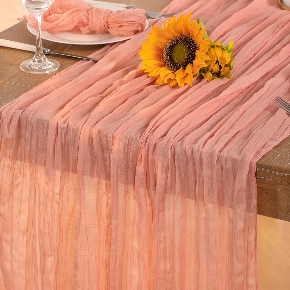 Coral Pink Cheesecloth Table Runner Fall Table Runner Boho Gauze 120 Inches Coral Cheese Cloth Fall Table Decorations for Thanksgiving Wedding Bridal Baby Shower Tea Party Decor