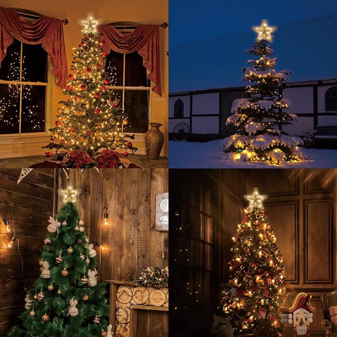 LAMPHOME 14" 10L Lighted Gold Glitter Thread Christmas Star Tree Topper,Warm White