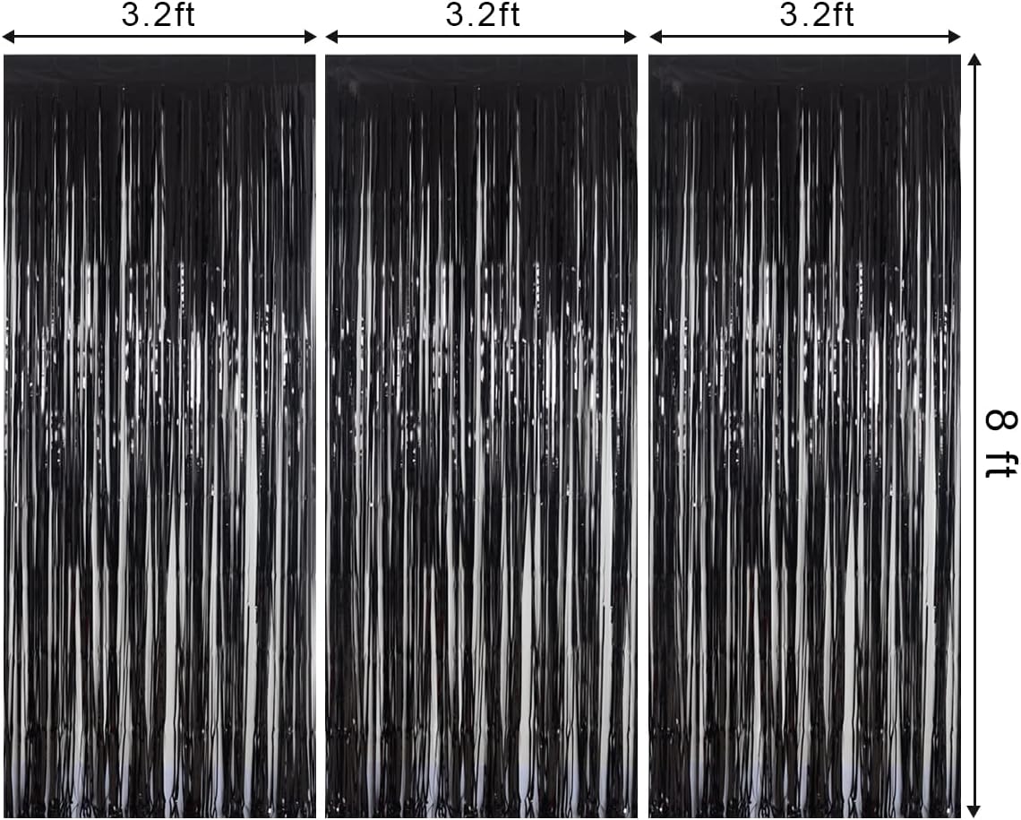 Foil Fringe Curtains Halloween Decor Party Decorations - Melsan 3 Pack 3.2 x 8.2 ft Tinsel Curtain Party Photo Backdrop for Birthday Party Baby Shower or Graduation Decorations (Pure Black)