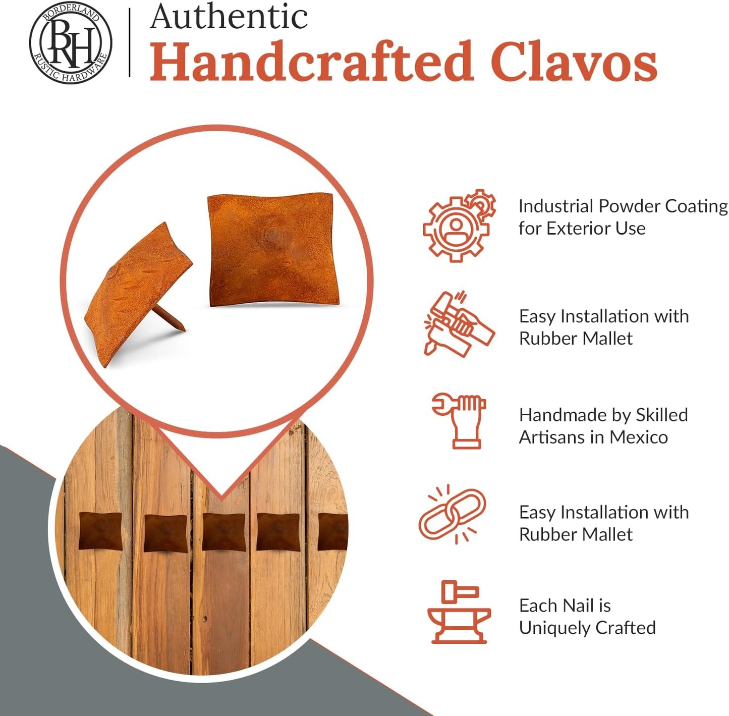 100 Pack 2" Square Head Iron Clavos Decorative Nails – Rusted – Handmade Rustic Square Fasteners for Farmhouse Shutters, Faux Wood Beams, Barn Doors, Shutters, and Gates – Ornamental Wood Accent