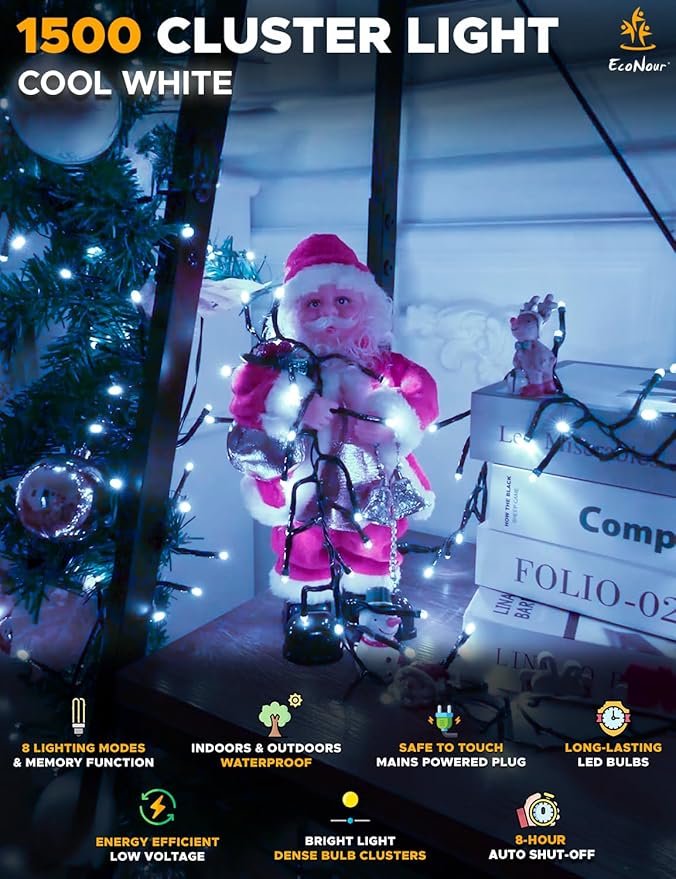 EcoNour 62Ft 1500 LED Cluster Twinkle Lights for Christmas Tree, 8 Modes String Lights for Decoration with Timer and Memory Function, Elegant Cool White Fairy Lights for Magical Home & Indoor