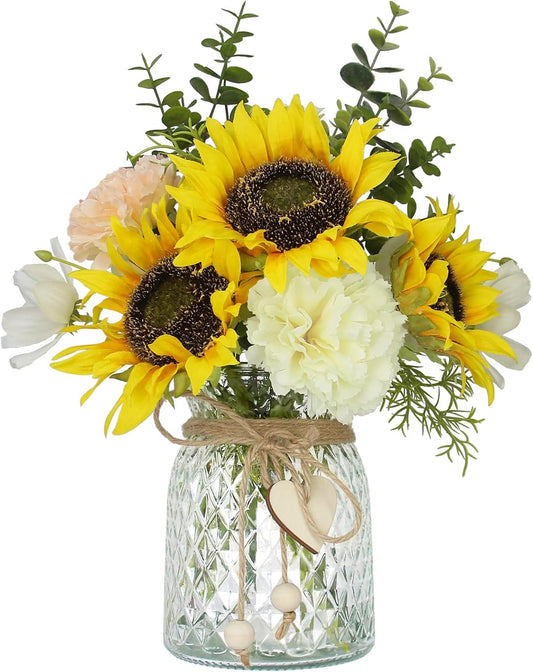 Artificial Sunflower Bouquets - Silk Fake Flowers with Vase, Centerpieces for Dining Room and Coffee Table Decor