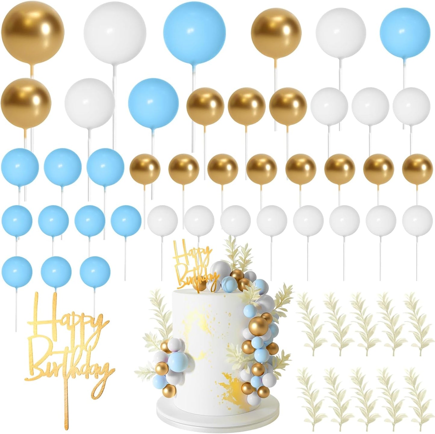 MIAHART Ball Cake Toppers Boho Grass Cake Topper Ball Cake Insert Decoration for Birthday Wedding Baby Shower Party Decorations Boho Themed Party Supplies (gold，light blue，white)