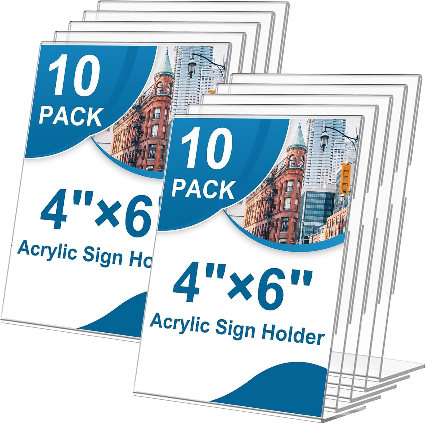 10 Pack Acrylic Sign Holder 4 x 6, L-Shape Clear Plastic Display Stand for Tabletop, Acrylic Stands for Flyers, Table Paper Holder, Vertical Sign Holder 4x6 for Restaurants, Office and School (Slant 10 Pack 4x6)