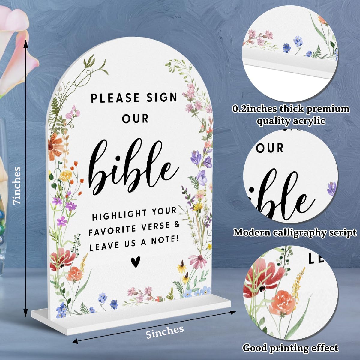Acrylic Wedding Signs, Please Sign Our Bible Signs for Marriage Reception, Bridal Shower Decorations, Modern Arched Round Top Acrylic Table Top Sign with Holder for Wedding Party (White Wildflowers)