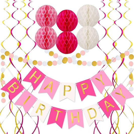 Pink Birthday Decorations with Happy Birthday Banner, Paper Honeycomb Balls, Circle Garland and Hanging Swirl Decorations