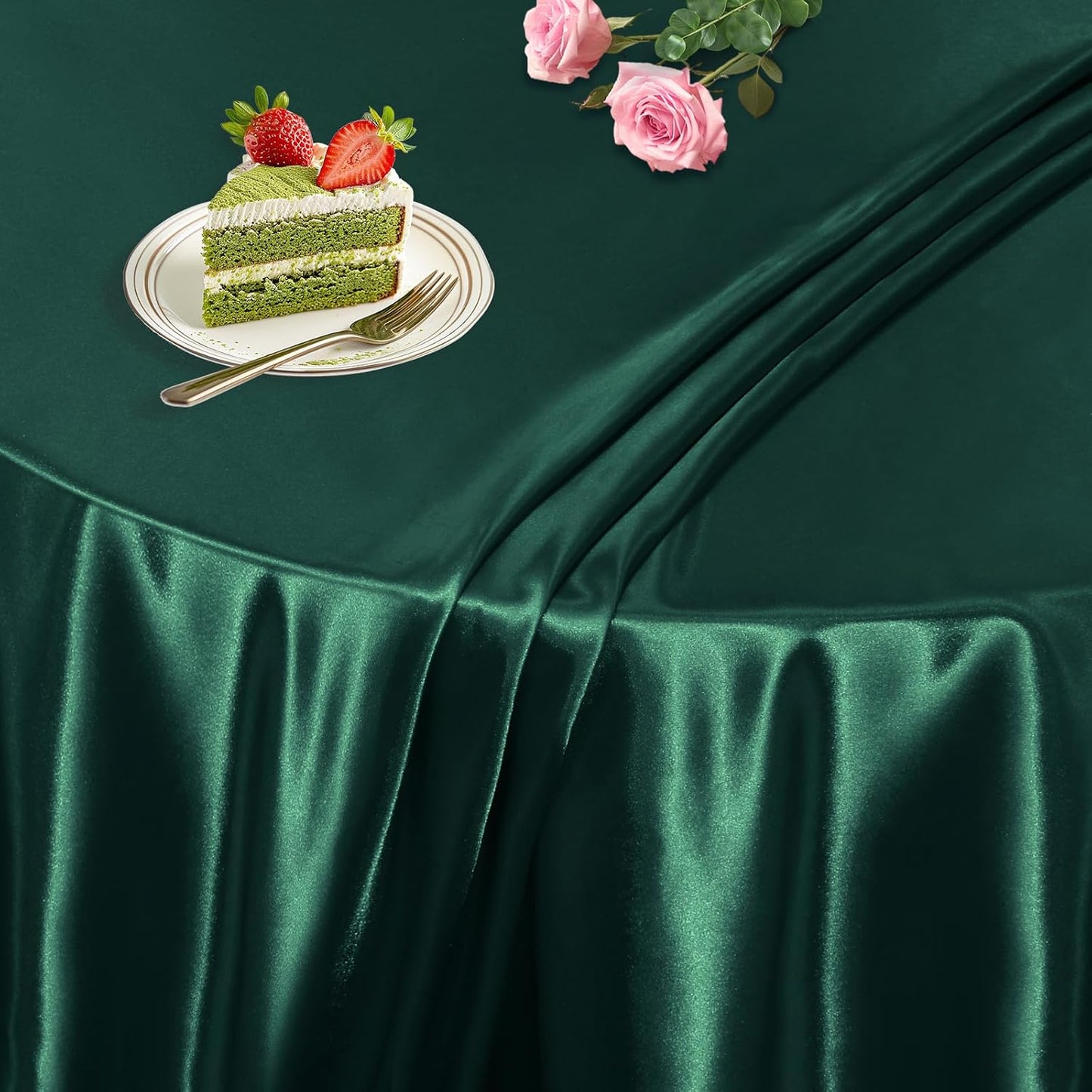 KKJIAF 1 Pack 108 Inch Round Table Cloth, Hunter Green Overlay Round Satin Table Cover, Silky Satin Dining Tablecloths for Wedding Buffet Parties Banquet Decoration