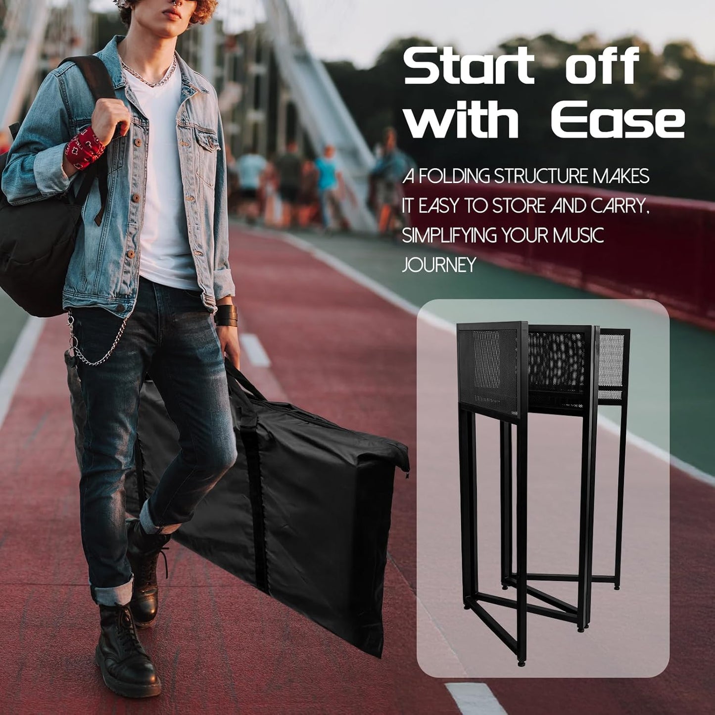 Portable DJ Booth 40" x 20", DJ Facade Table with Black/White Light Scrims, Foldable DJ Stand for Laptop and Controller,with Carry Bag, Cable Hole, Perfect for Bars, Clubs, Party, Private Events