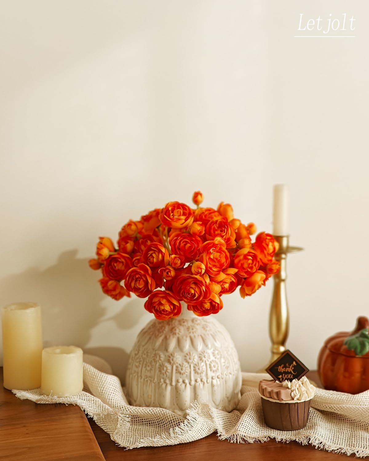 Letjolt Ranunculus Artificial Flower 18 Pcs Orange Silk Ranunculus Wedding Bouquet Engagement Centerpieces Arrangements Bridal Shower Decorations Home Decor, Orange