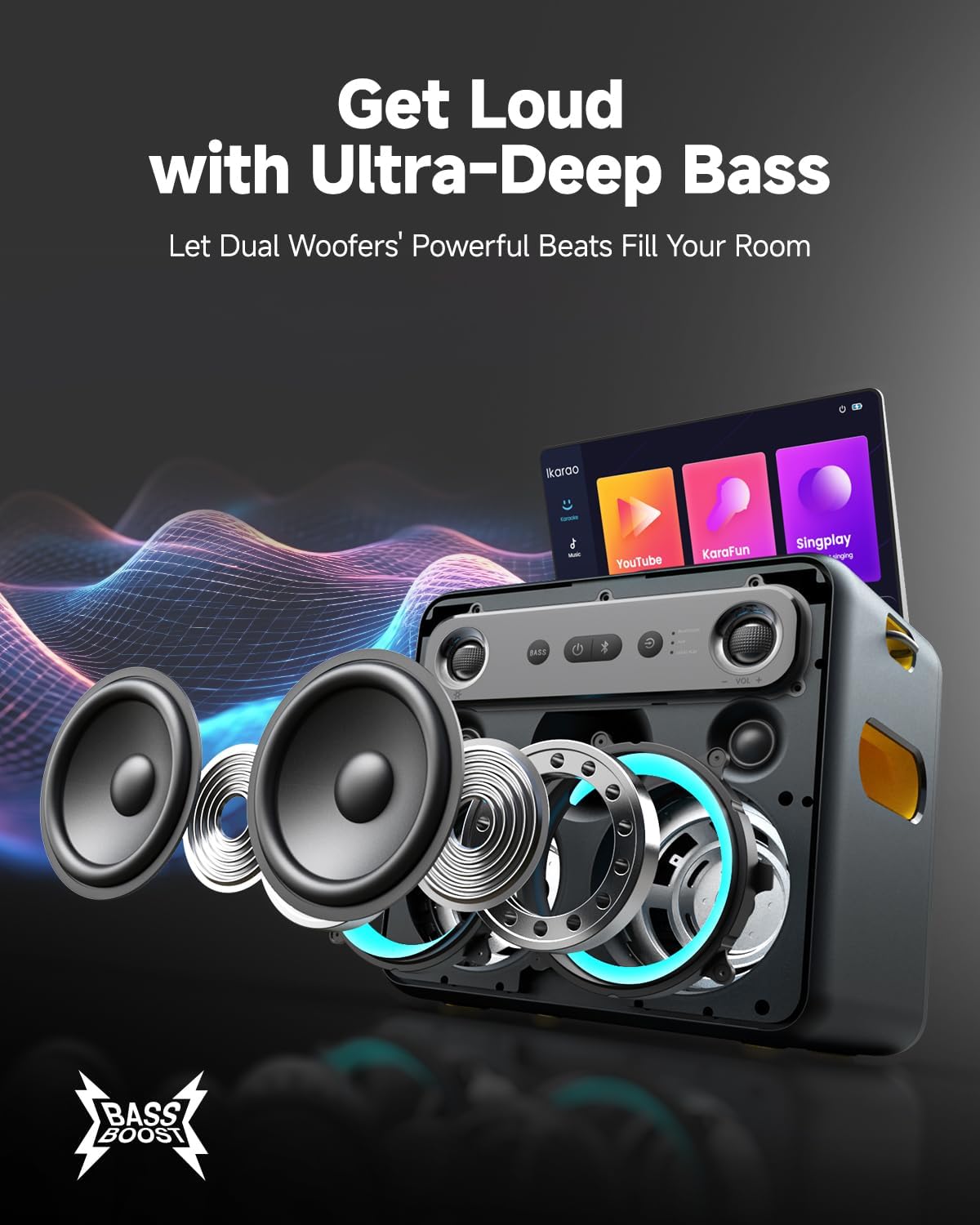 Ikarao Karaoke Machine with Microphone Stand, Portable Bluetooth Speaker for Party, Backyard, Karaoke System with 2 Wireless Microphone for Adults Kids, for Women, Men, Singing Lovers