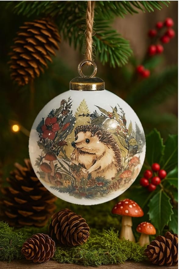 Hedgehog Christmas Ornament – Hand-Painted Glass Winter Hedgehog Ornament – Woodland Animal Ornament for Christmas Tree – Cute Hedgehog Decoration Gift