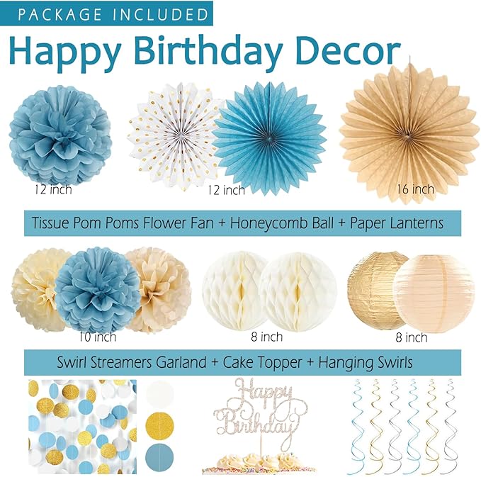 Dusty Blue Beige Champagne Women Birthday Decorations, Boho Neutral Boys Girls Blue Party Décor With Fog Cream Gold Balloons,Happy Banner Garland,Paper Lanterns, Honeycomb Tissue Pom Poms For Adults