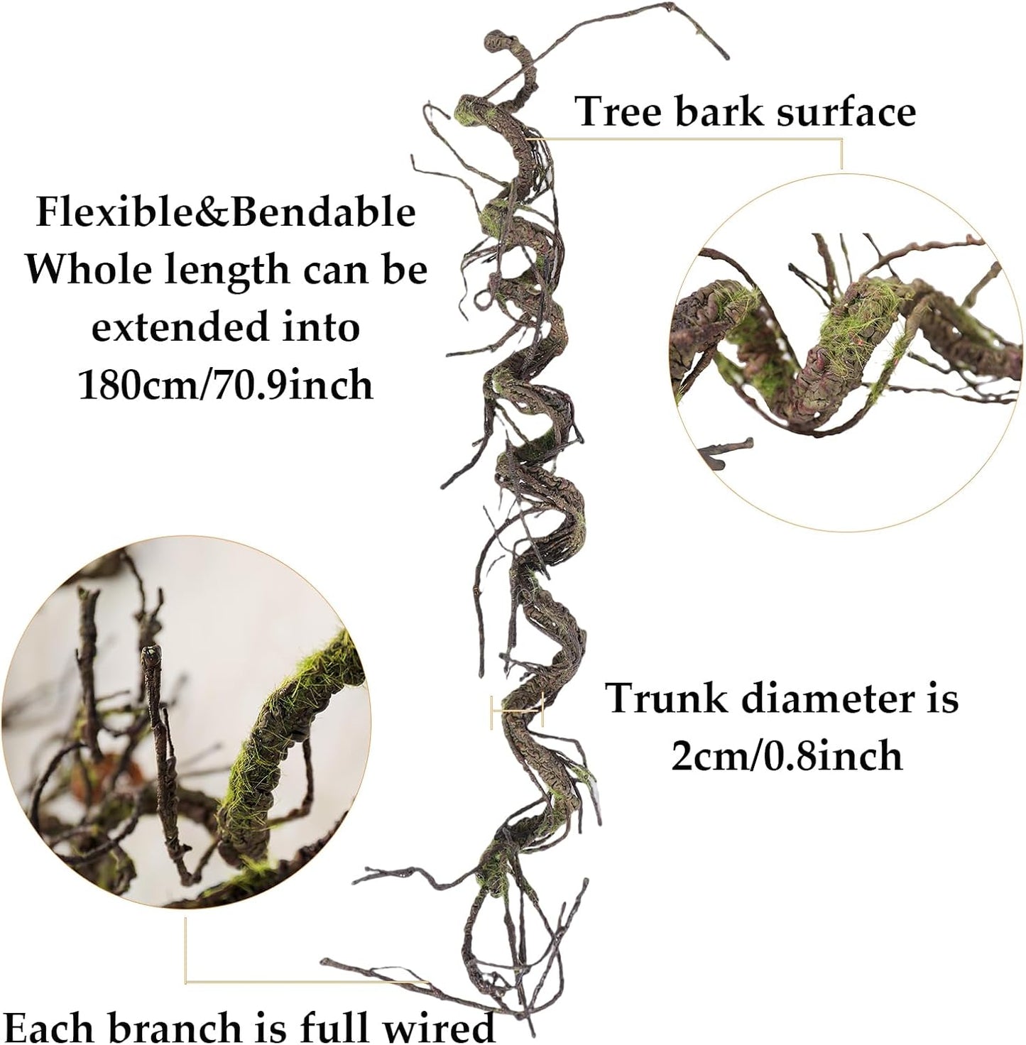 180cm/70.86in Bendable Artificial Tree Branches Liana Vines Garland Rattan with Moss Fake Plants Twigs for Wall Hanging Home Room Outdoor Wedding Background Decoration