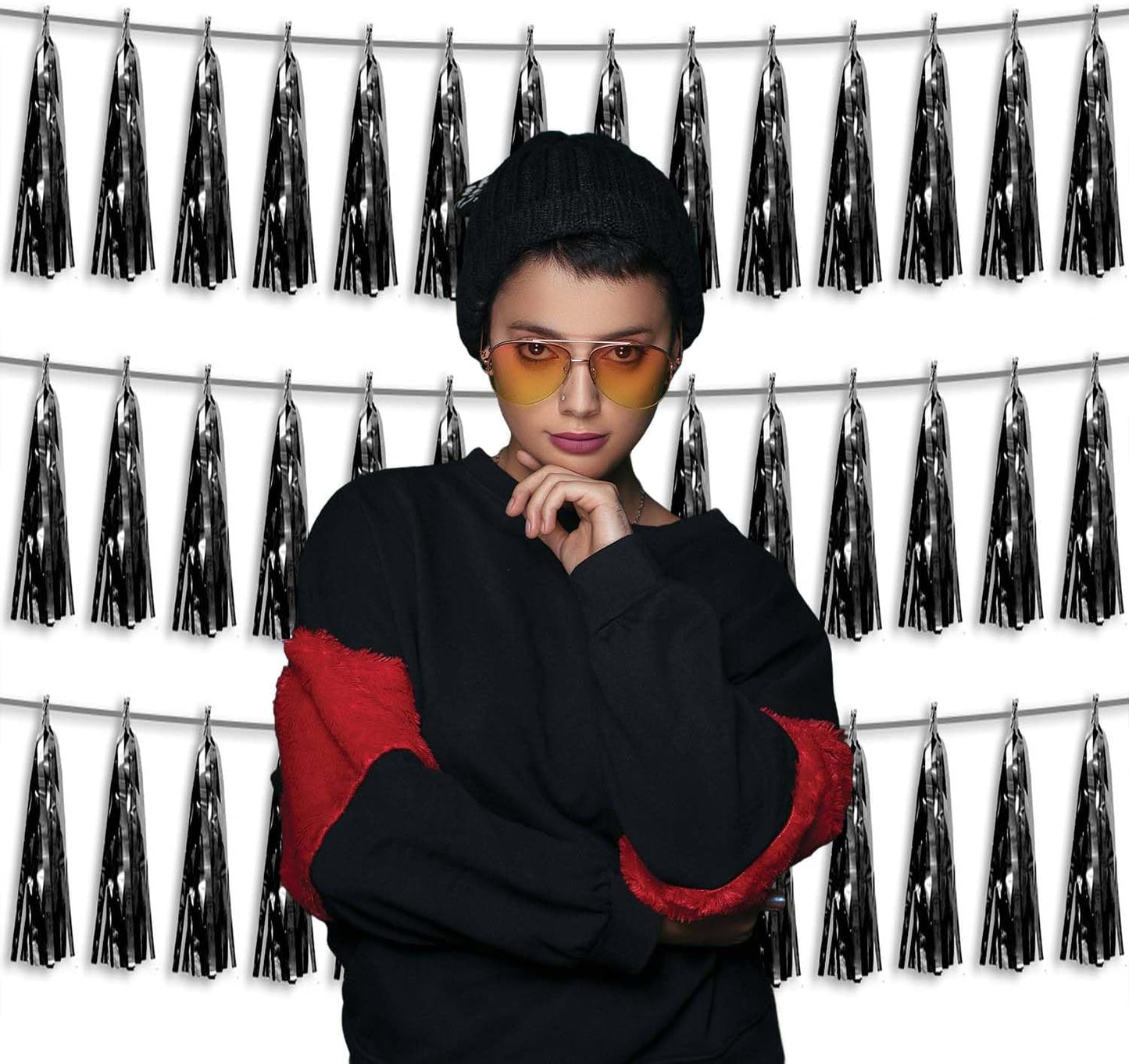 3P Metallic Fringe Tassel Banner Garland Foil Tinsel Streamer Wall Hanging Curtain Backdrop Banners for Parade Floats, 2024 Graduation Decorations, Father’s Day Party Decoration(Black)