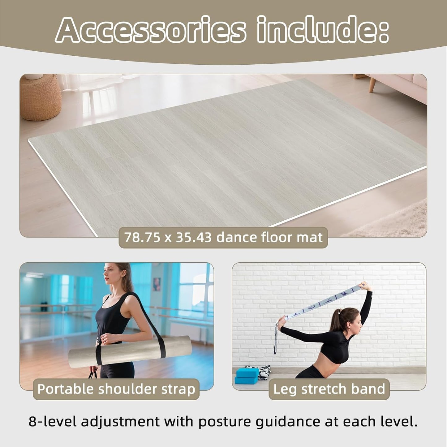 Dance Floor Mat Non-Slip with Shoulder Strap Portable and Dance Resistance Band, Dance Floor for Ballet,Jazz, Pop Thick PVC Practice Floor Reusable Mat (Light Natural Wood Color, 200cm*90cm*0.5cm)
