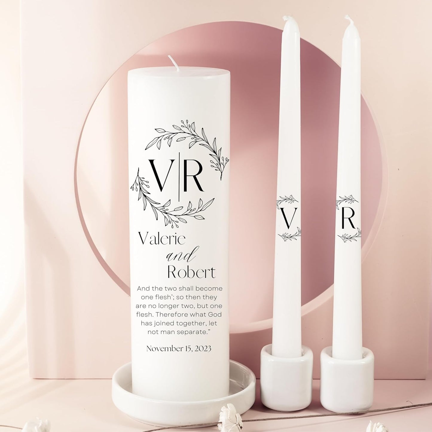 Unity Candles for Wedding, Modern Unity Set, Custom and Personalized Pillar and Taper Candles with Bible Quote, Unscented White Premium Wax, Religious and Wedding Ceremony, Special Events (Black)