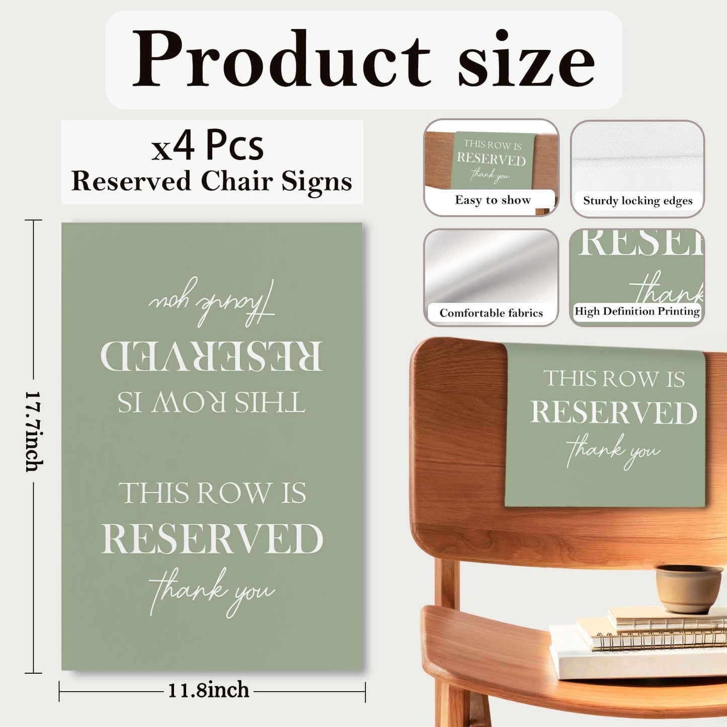 Reserved Seating Chair Signs, This Row Is Reserved Pew Cloths Seating Placeholder for Church Pews, Sage Green Wedding Decorations for Reception Parties Event (Sage Green, 4 PCS)
