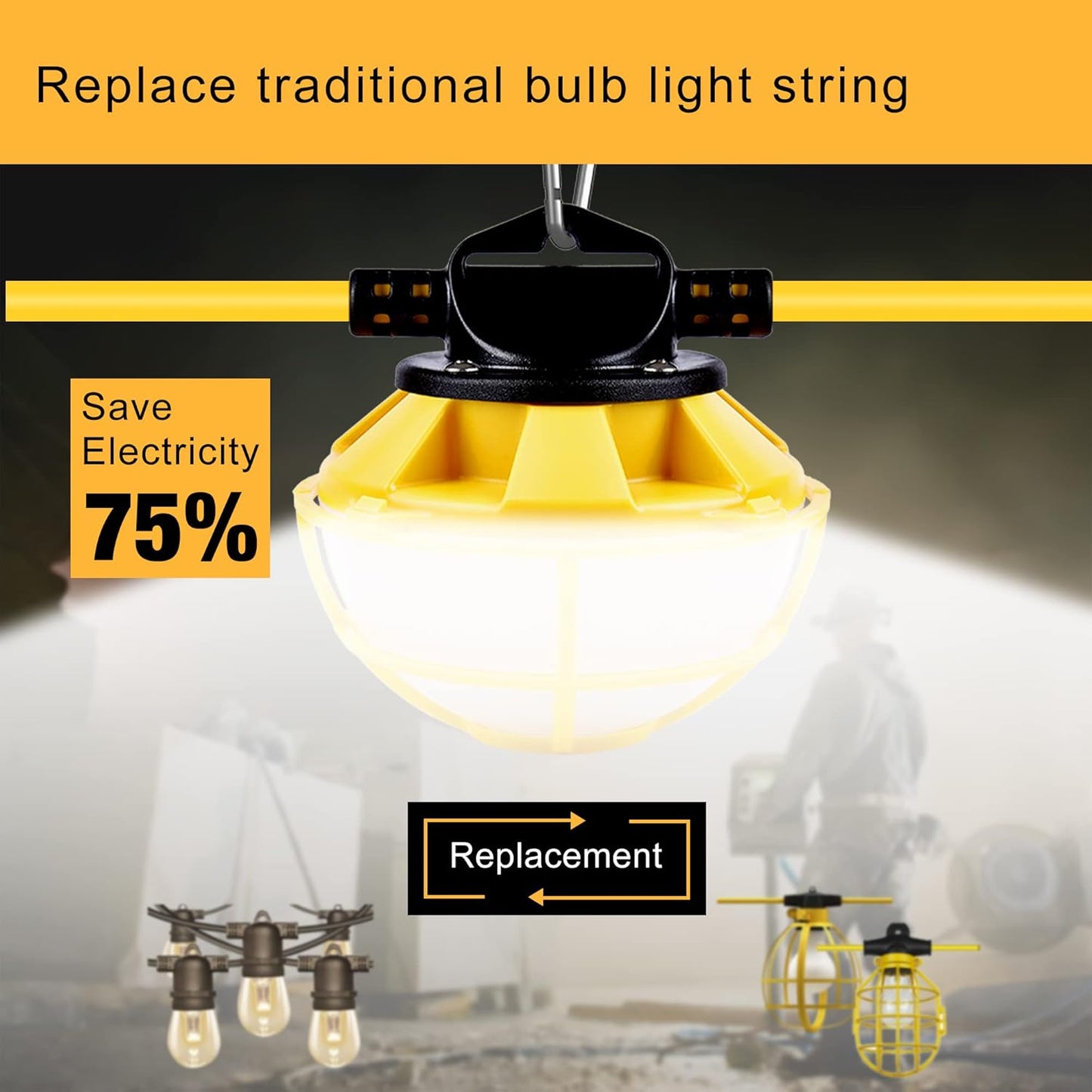 100FT Construction String Lights with Cage, IP65 Waterproof LED String Work Lights, 5000K Daylight 18AWG Wire Linkable Temporary Construction Lighting for Jobsite with 10 Bulbs & Hooks