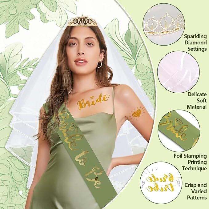 Sage Green Bachelorette Party Decorations, Bride To Be Decorations include Bride To Be Sash Veil Crown Tattoo Stickers Photo Props Fringe Curtain for Bachelorette Engagement Bridal Shower Decorations