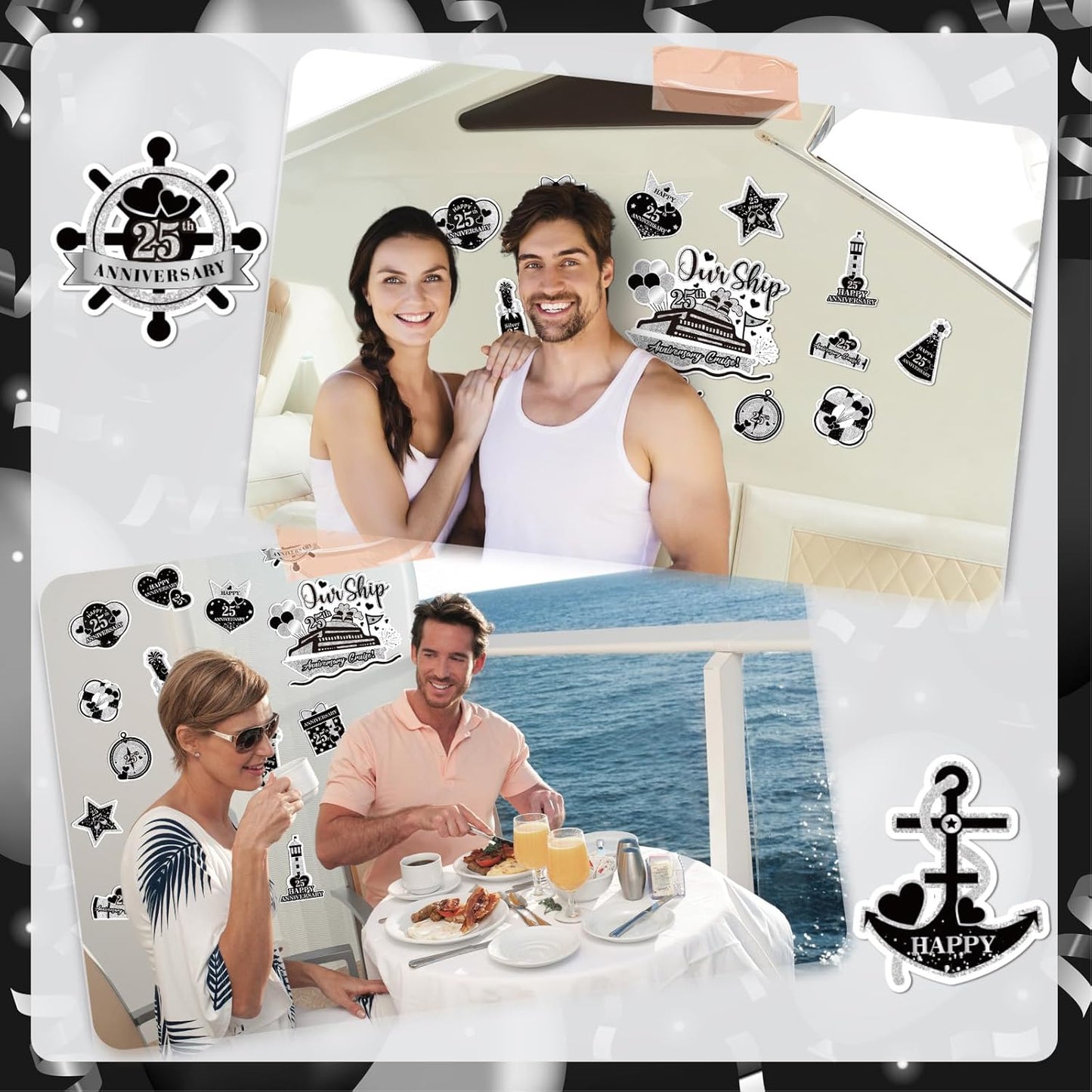 25th Anniversary Cruise Door Magnets Decorations, Black Silver Happy 25th Anniversary Cruise Ship Door Decor Magnetic for Married in 2000 Men Women Wedding Party Refrigerator Fridge Car Kitchen Garage