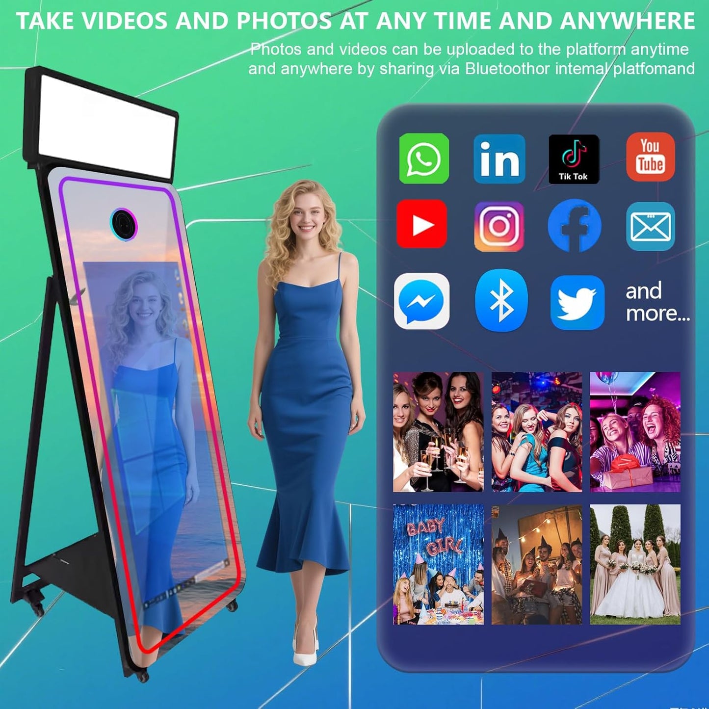 65''Magic Mirror Photo Booth Machine,Mirror Photo Booth 43''Touch Screen,Photo Booth with Flight Case,App Control,RGB Light for Wedding Party Events (Black, Machine+Mini Printer)